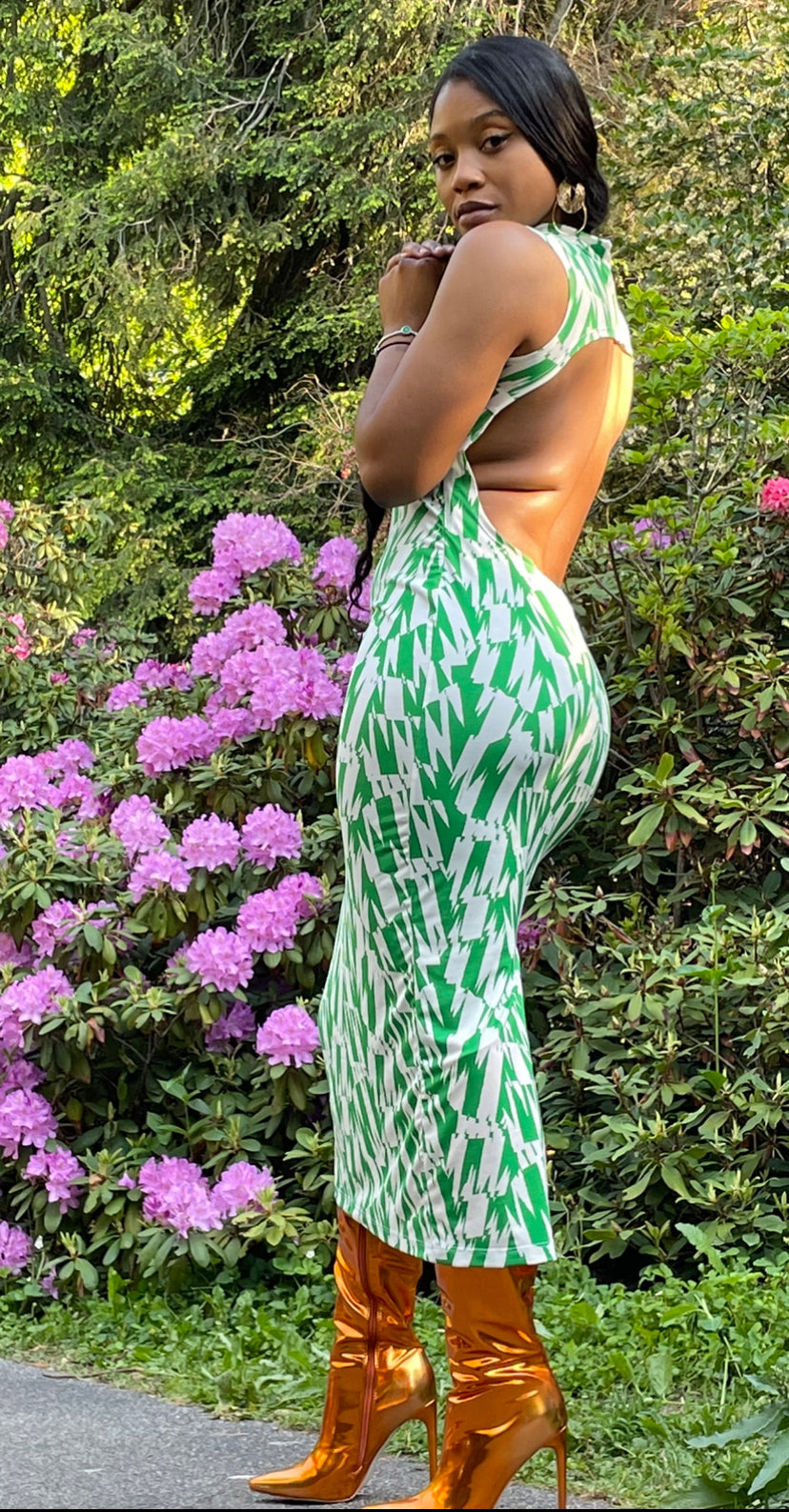 Melanie “Verde” Green and White Abstract Print Open Back Midi